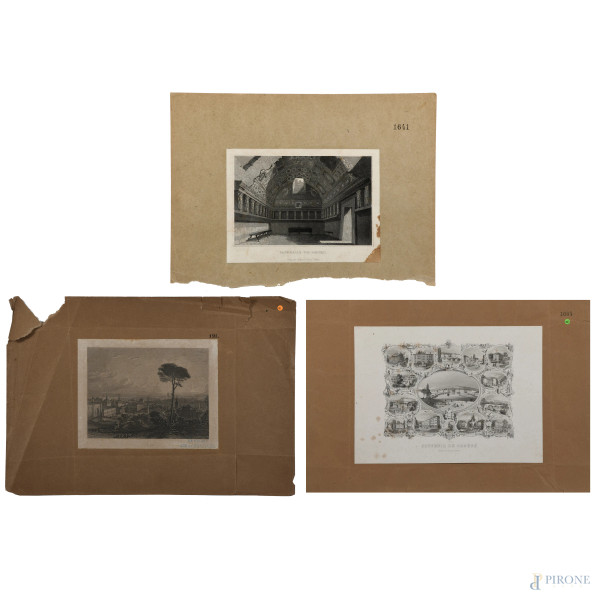 Lotto di tre stampe applicate su cartoncino raffiguranti scorci di Pompei, Roma e Ginevra, XIX-XX secolo, misure massime cm 30,5x44,  (segni di usura, tracce di umidità, gore, foxing, lacerazioni della carta, tracce di piegatura)