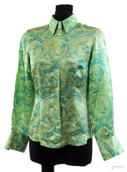Dolce & Gabbana, camicia da donna a maniche lunghe in seta con stampa astratta nei toni del verde, taglia IT 44.