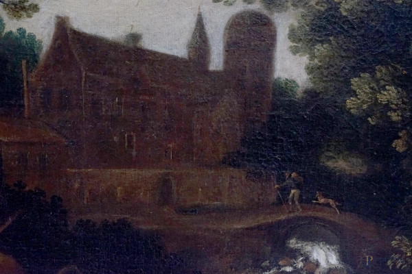 Pittore fiammingo del XVIII secolo, Paesaggio di campagna con figure, villa e sfondo di marina, o...