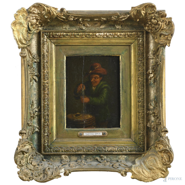 Uomo in taverna, XVIII-XIX secolo, olio su tavola, cm 16,5x12,5, entro cornice, (segni di usura, felature, rotture, restauri, difetti)
