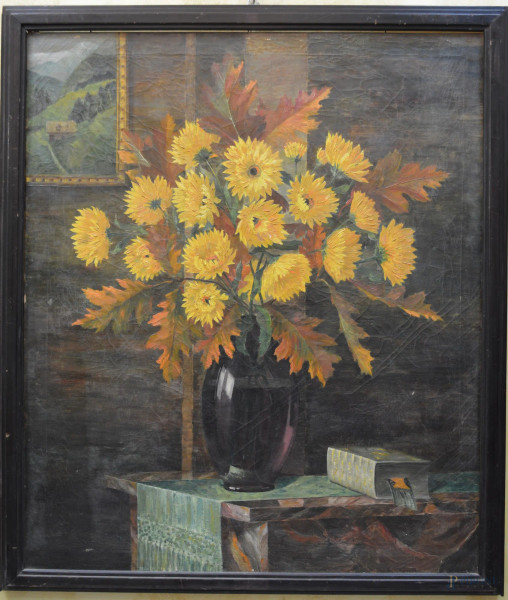 Natura morta con vaso di fiori, antico dipinto ad olio su tela 82x97cm, entro cornice.