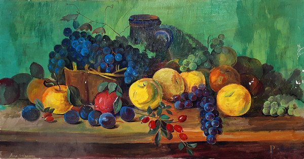 Arte figurativa russa del Novecento, Natura morta con frutta e brocca, olio su cartone, cm 37x69, firmata in basso a destra