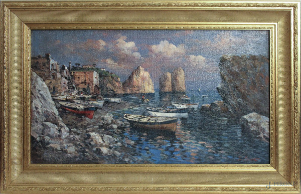 Scorcio di costa napoletana con barche e sfondo di faraglioni, dipinto ad olio su tela firmato E. Briante, cm 69 x 39, entro cornice.