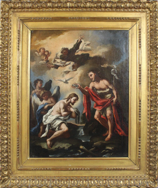 Scuola Veneziana del XVII -XVIII secolo, Battesimo di Cristo, olio su tela, cm. 47x35,5, cornice XIX secolo, in legno e stucco dorato.