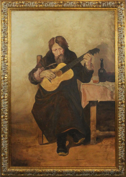 Da Vasily Perov (1834-1882), Il chitarrista solitario, olio su tela, cm 120x78, XX secolo, entro cornice