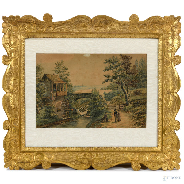 Coppia di paesaggi con figure, XIX secolo, tecnica mista su carta, cm 31x46, entro cornici napole...