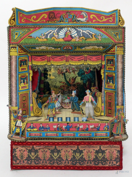 Vecchio teatrino da tavolo in carta colorata, H. 36 cm.