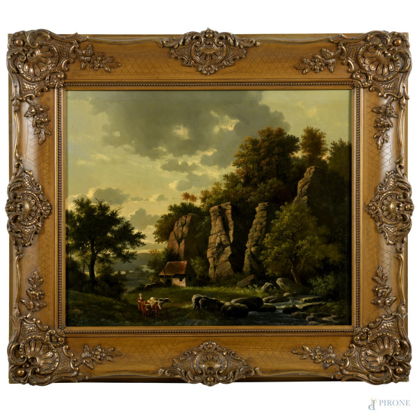 Paesaggio con contadina e armenti, XX secolo, olio su tela, cm 51x60, firmato in basso a destra, entro cornice