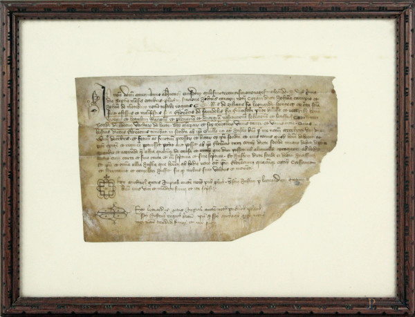 Antico frammento manoscritto su pergamena, cm 13,5x20,5, entro cornice