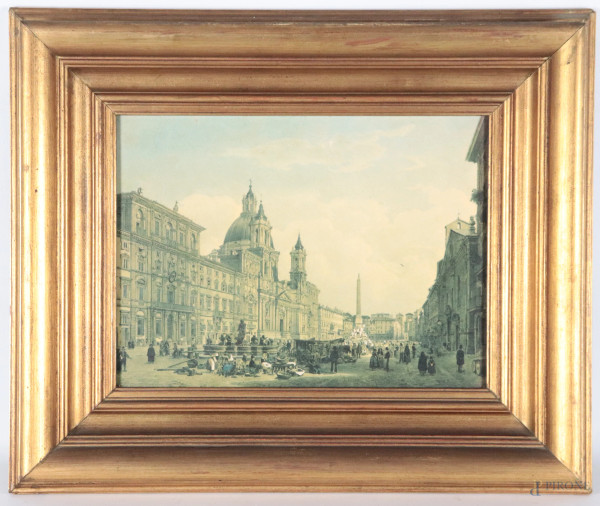 Stampa a colori raffigurante veduta di Piazza Navona, XX secolo, cm 27,5x36,5, entro cornice, (segni di usura, increspature della carta)