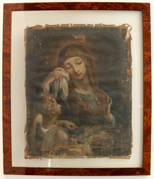Pittore del XVIII sec., Madonna con putto, olio su tela, cm 50x39, senza telaio, (cadute di colore).