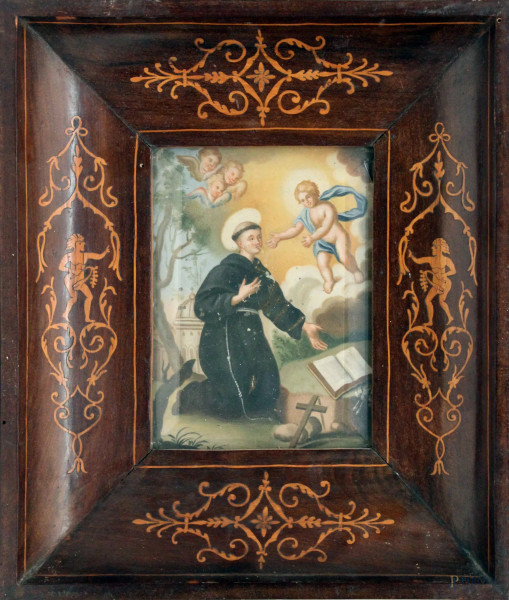 Sant&#39;Antonio con Angelo e Amorini, olio su lastra in metallo, fine XIX sec, cm 15 x 11, entro cornice intarsiata.