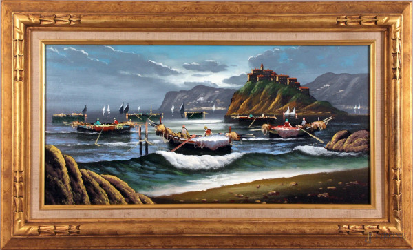 Marina con imbarcazioni, olio su tavola, cm. 30x60, firmato, entro cornice.