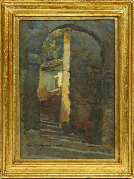 Giuseppe Carosi - Scorcio di portico, olio su tavoletta, cm 24,5x17, firmato e datato "1947" in basso a sinistra, entro cornice