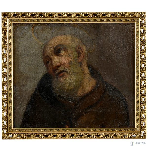 Santo, olio su tela applicata su cartone, XIX secolo, cm 35,5x41, entro cornice, (cadute di colore, sollevamento della tela, difetti)
