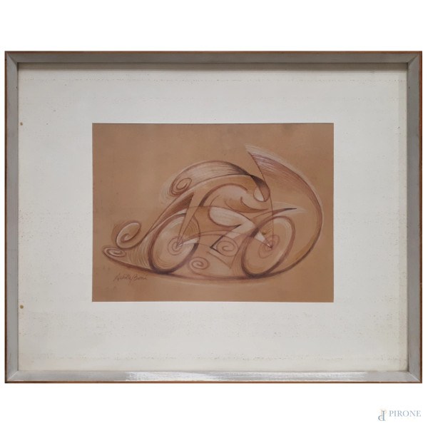 Achille Boni (XX sec.) Velociclo futurista, tecnica mista su cartone, cm 23x32, firmato, con cornice