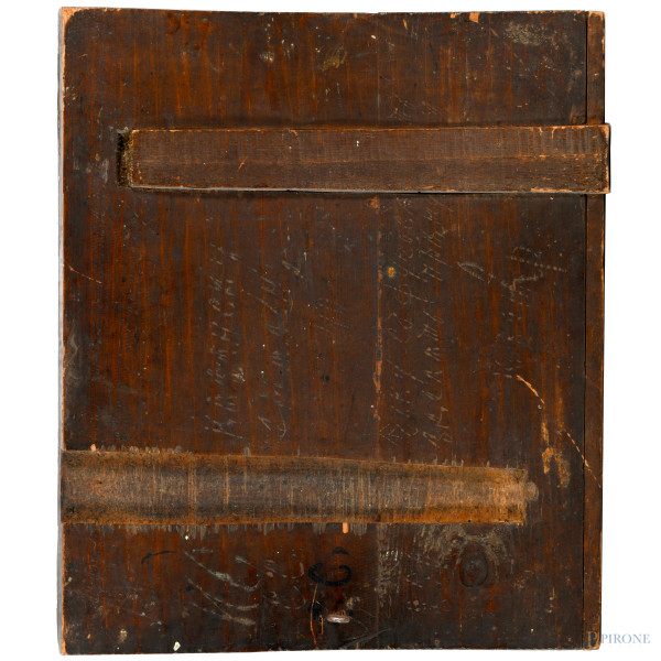 Icona raffigurante Madonna con Bambino, tempera su tavola convessa, XIX secolo, cm 36x31, (craque...