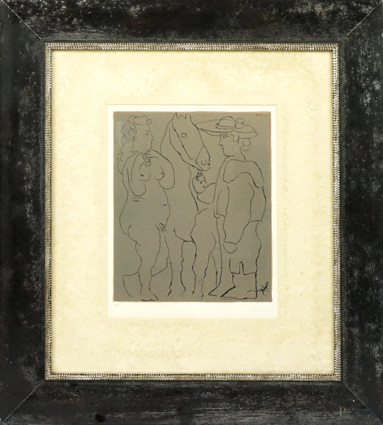 Pablo Picasso - Cavaliere, donna e cavallo, litografia, cm 30x24 circa, esemplare H.C., entro cornice.