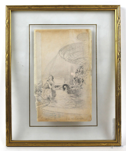 Henri Toussaint - La Fontana dei mari a Parigi, matita su carta, cm 21x13, entro cornice.