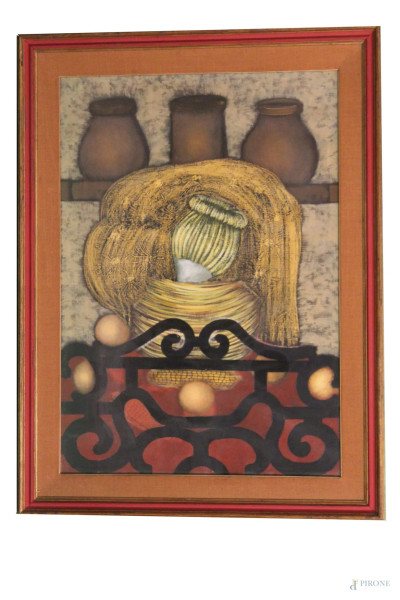 Antonello Marinucci - Fiasche, olio su cartone telato, 100x70 cm, entro cornice.