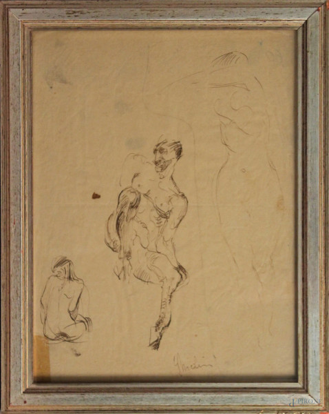 Giovanni Nicolini - Studio di figure, disegno a china su carta, cm 28 x 21, entro cornice.