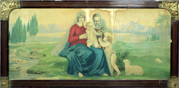 La Sacra Famiglia, oleografia su tela, cm. 60x139, primi &#39;900, entro cornice.