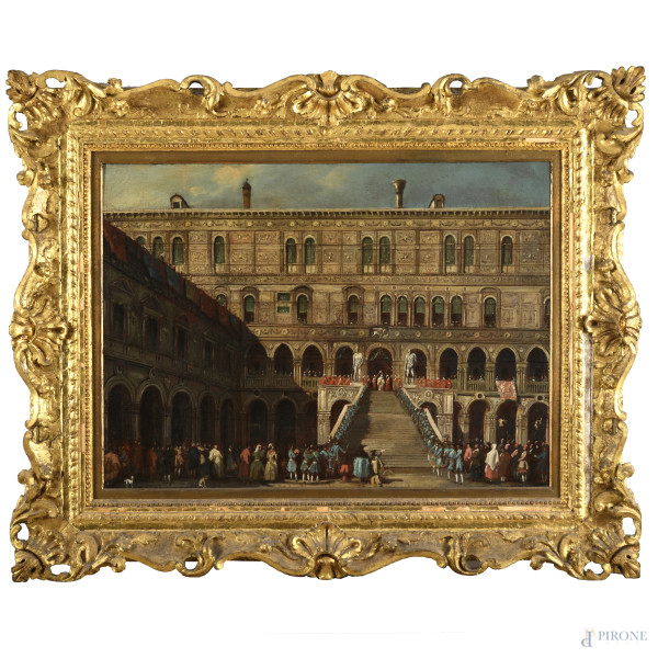 Palazzo del Doge, XIX secolo, olio su tela, cm 57x78, entro cornice, (segni di usura, craquelure)