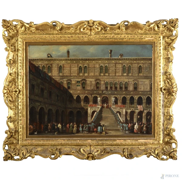 Palazzo del Doge, XIX secolo, olio su tela, cm 57x78, entro cornice, (segni di usura, craquelure)
