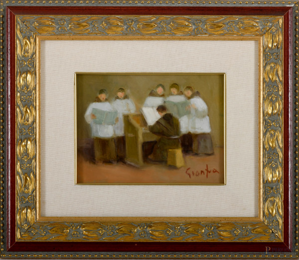 Ortensio Gianfra - Frati che intonano canti, olio su tela applicata su cartoncino, cm 18x24, firmato in basso a destra e al retro
