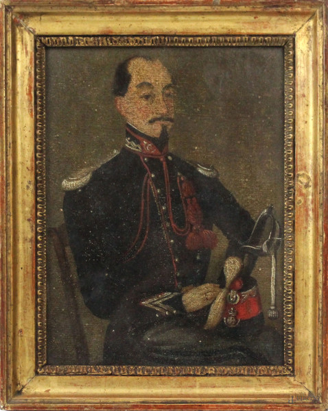 Ritratto di ufficiale, olio su cartone, cm 19x14, fine XIX secolo, entro cornice