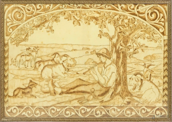 Pastorello con caprette, dipinto su tessuto, cm 67x97, entro cornice