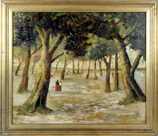 Scorcio di parco con figure, olio su tavola, cm. 50,5x60, firmato V. Colucci, entro cornice.