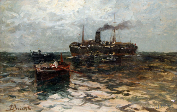 Ezelino Briante, Scorcio marino con imbarcazioni, olio su tavola, cm 23x33, entro cornice.