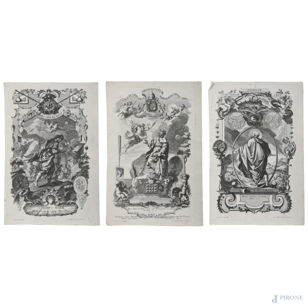 Lotto di tre incisioni raffiguranti San Mattia, San Giacomo e San Pietro, XVIII-XIX secolo,  misure massime 34,5x23, (Segni di usura, piegature, foxing, tracce di umidità, abrasioni)