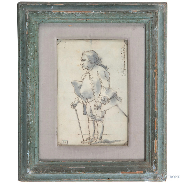 Caricatura virile, inchiostro su carta, XVIII-XIX secolo, cm 19x13, entro cornice (piegature, segni di usura, lacune, abrasioni, macchie di umidità, foxing)