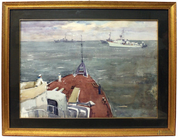 Salomon Boim - Scorcio di mare con navi da guerra, acquarello su carta, cm 50x70, datato 1944, entro cornice.