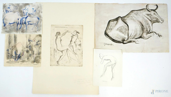 Enzo Assenza - Lotto composto da quattro bozzetti ed una litografia raffiguranti soggetti diversi, misure max cm 70x50