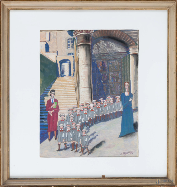 Scolaresca, tempera su carta, cm 46x32,5, firmato in basso a destra 