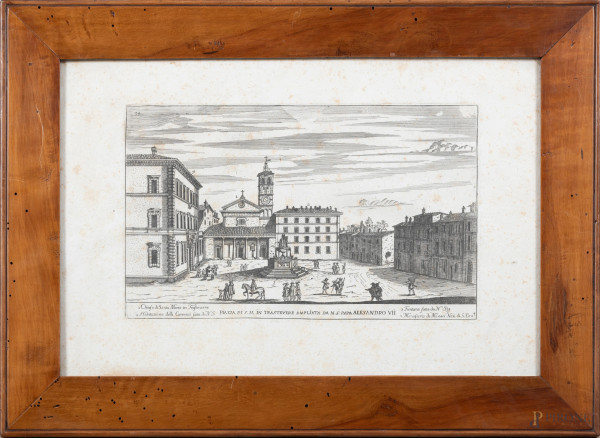 Incisione raffigurante Piazza di S.M. in Trastevere, XIX secolo, cm 26x39,5, entro cornice, (segni di usura, foxing, gore, tracce di umidità, ondulazioni della carta)