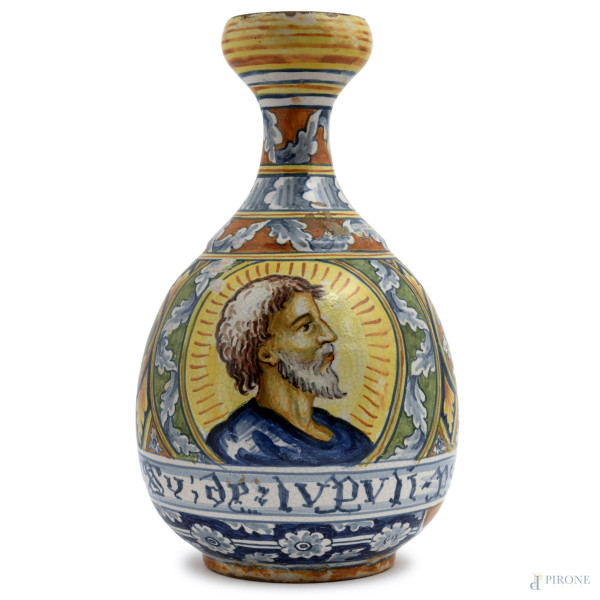 Bottiglia in maiolica dipinta in policromia con decori vegetali di ispirazione rinascimentale a fasce, XX secolo, cm 25, (difetti, cadute di smalto stannifero)