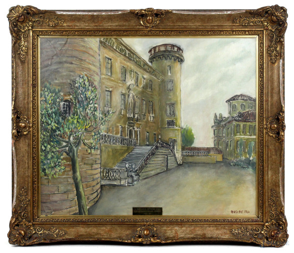 Francesco Argir&#242; - Castello di Costigliole d'Asti, olio su tela, cm 57x47, datato 1966, entro cornice.
