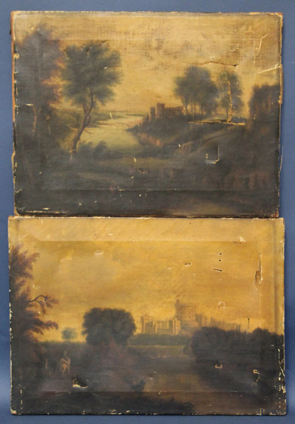 Lotto composto da due paesaggi fluviali con figure e castelli, oli su tela, Inghilterra, inizi XIX sec., cm 33 x 43, cm 45 x 33.