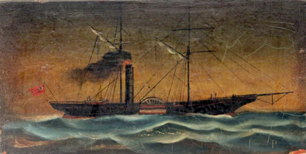 Marina con veliero, olio su tavola 17x35 cm, XIX sec.