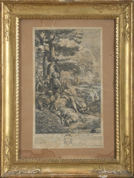 Predicazione di San Giovanni Battista, XVII-XVIII secolo, acquaforte su carta applicata su carta, cm 44,5x26, entro cornice, (segni di usura, tracce di umidità, bruniture, increspature, lacerazioni e segni di piegatura, gore, foxing)