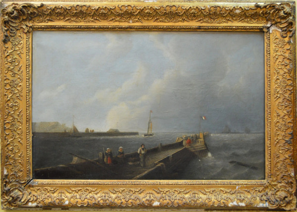 Scorcio di porto con banchina e figure, dipinto dell'800 di scuola inglese ad olio su tela 100x65 cm, entro cornice