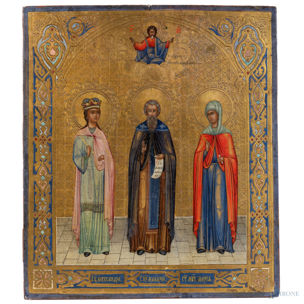 Icona raffigurante tre santi e Cristo in apparizione, XIX secolo, cm 35,5x30,5, (scalfiture, cadute di colore)