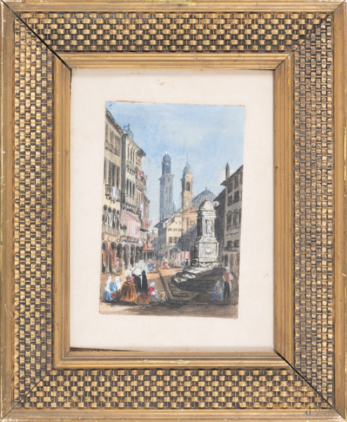 Veduta di Piazza Sant'Antonio a Padova, XIX-XX secolo, tecnica mista su carta, cm 16,5x10,5, entro cornice