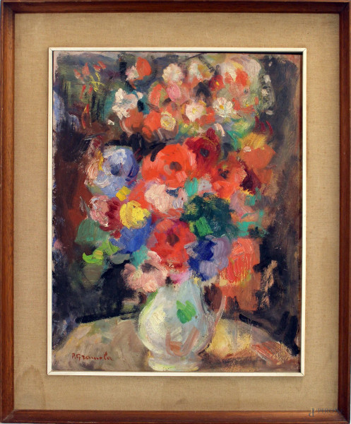 G. Gramola, Anemoni, olio su legno, cm 50x40, entro cornice.