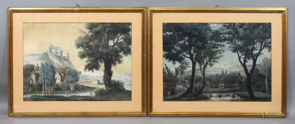 Coppia di paesaggi piemontesi, tecnica mista su carta, cm 39x54, a firma Giuseppe Camino