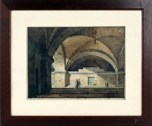 Francesco Coghetti - Catacombe dell'antica Roma, acquarello su carta, cm 20x28, firmato